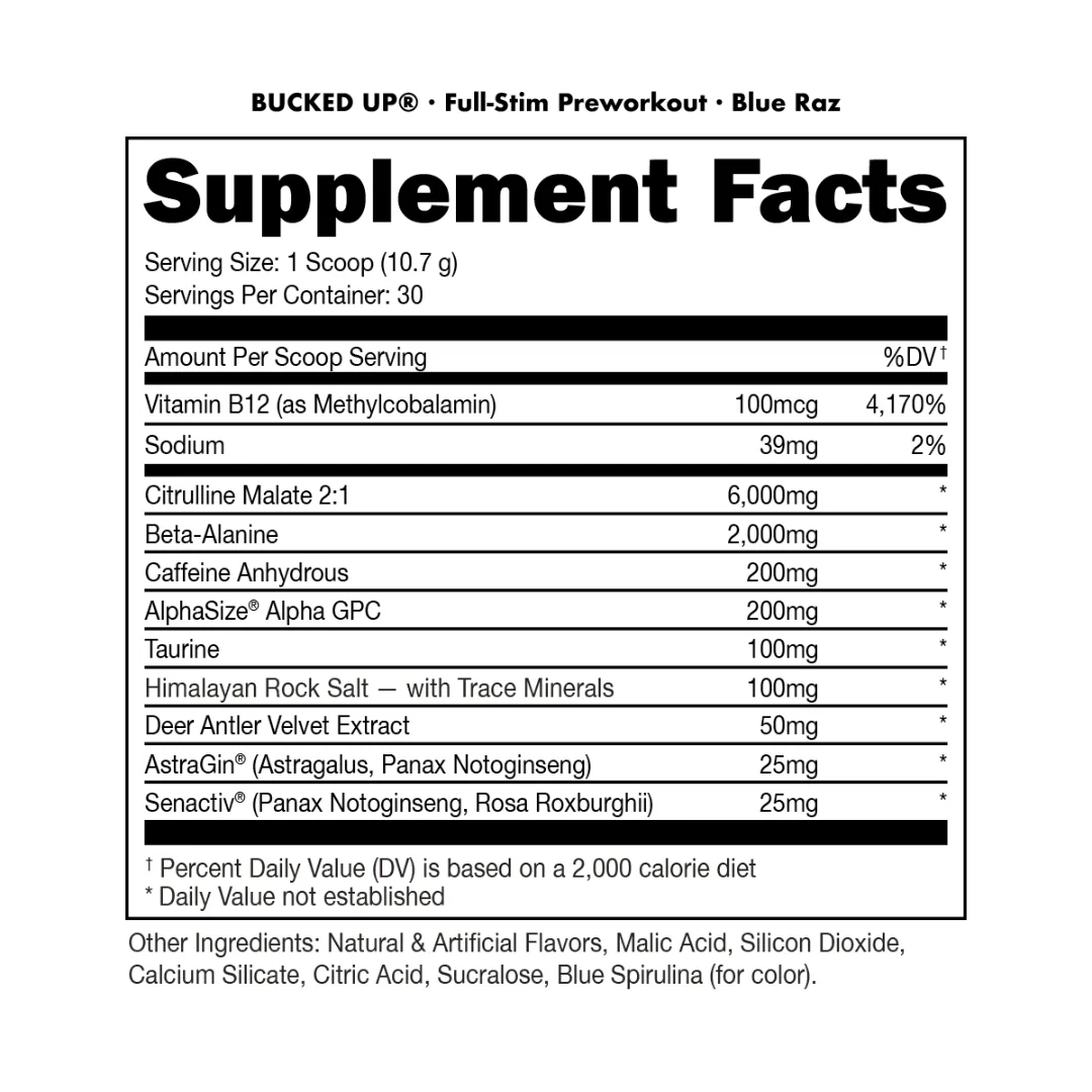 BUCKED UP Pre Workout 30 Serve Blue Raz - Image 3