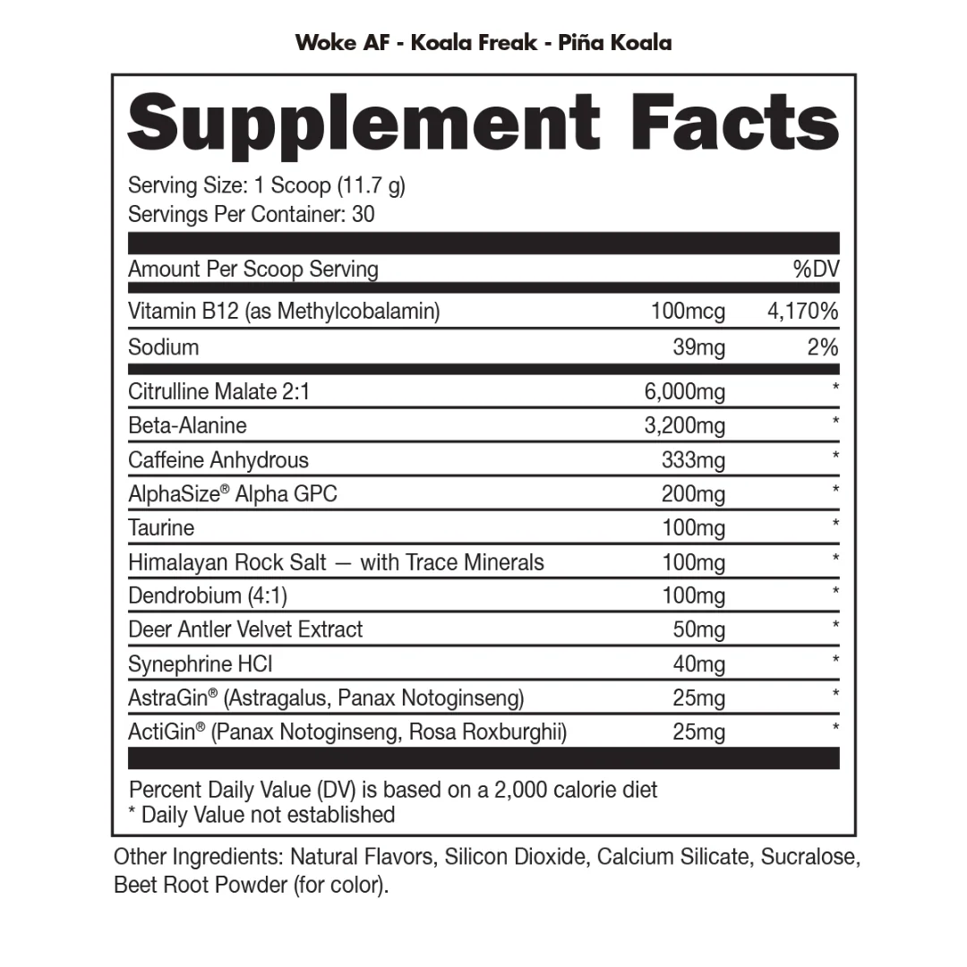 WOKE AF High Stimulant Pre Workout 30 Serve Koala Freak - Pina Koala - Image 3